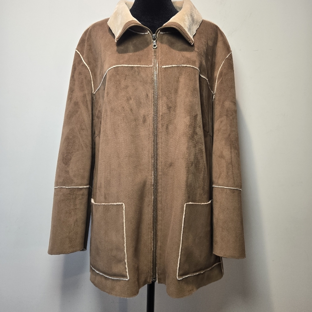 St John's Bay Jacket Coat XL Women's Y2k Faux Suede Fur Lined Full Zip 90s